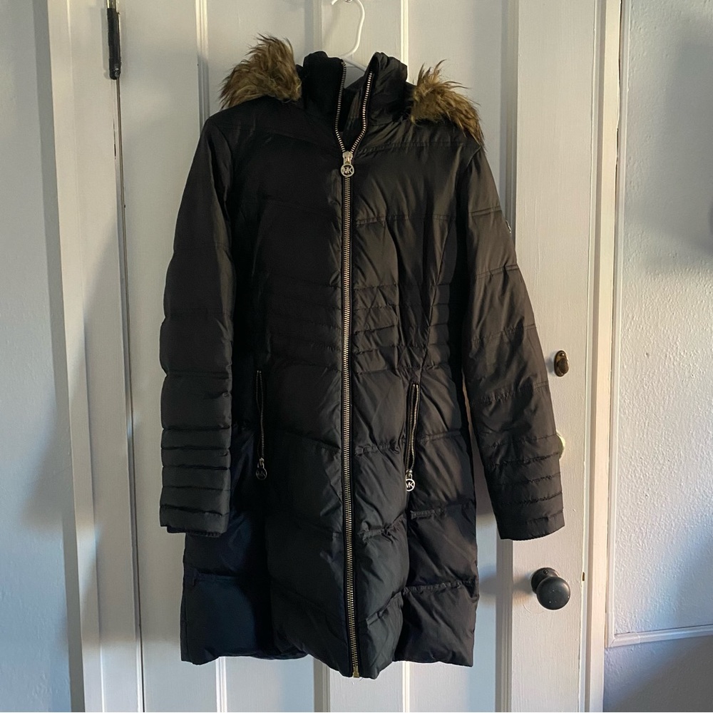 Michael Kors Long Black Puffer Coat with Removable Hood